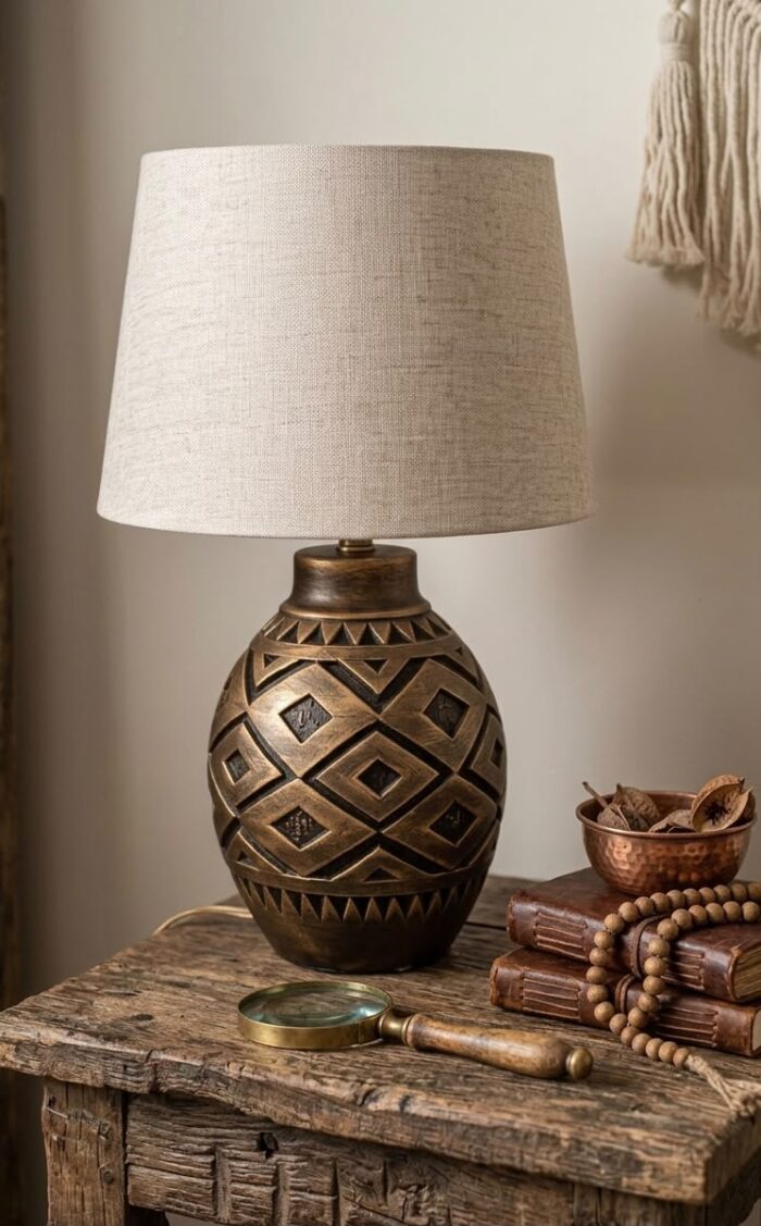 Table Lamp, Bronz Antique Folk Art, Bedside & Living Room, Poetry, Distressed Bronze & White - Image 1