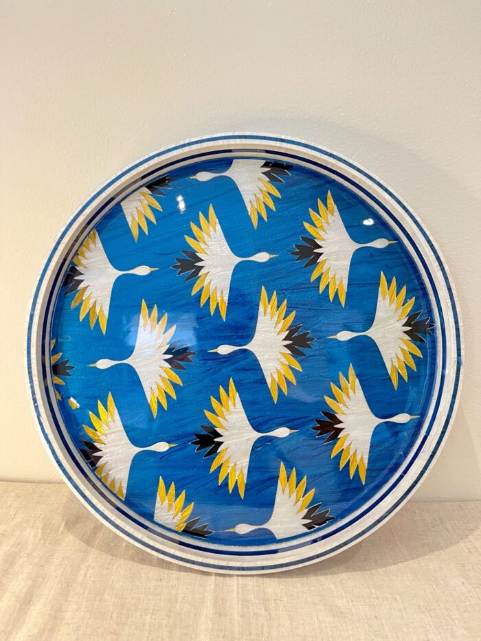 Azure Crane Round Serving Tray – Handmade Mother of Pearl Inlay - Image 3