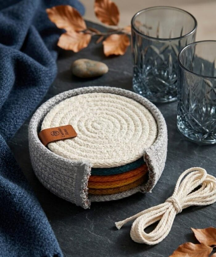 Premium Cotton Rope multicolor Coasters Set – Durable Eco-Friendly and Stylish Drink Protectors for Home and Office Set of 6 with Unique Leather Branding - Image 2