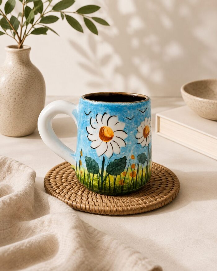 Handmade Daisy Floral  Coffee Mug – Hand-Painted Artisan Stoneware Cup - Image 1