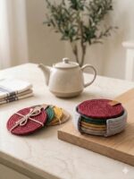 Premium Cotton Rope multicolor Coasters Set – Durable Eco-Friendly and Stylish Drink Protectors for Home and Office Set of 6 with Unique Leather Branding