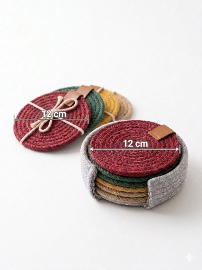 Premium Cotton Rope multicolor Coasters Set – Durable Eco-Friendly and Stylish Drink Protectors for Home and Office Set of 6 with Unique Leather Branding - Image 2
