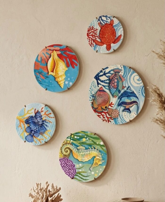 Set of 5 Handmade Wooden Wall Plates | Hand-Painted Coastal & Ocean Wall Decor | Nautical Wooden Wall Art - Image 1