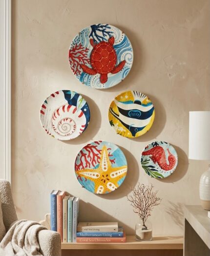 Set of 5 Handmade Wooden Wall Plates | Ocean Treasures Hand-Painted Wooden Wall Plates| Nautical Wooden Wall Art (Copy)