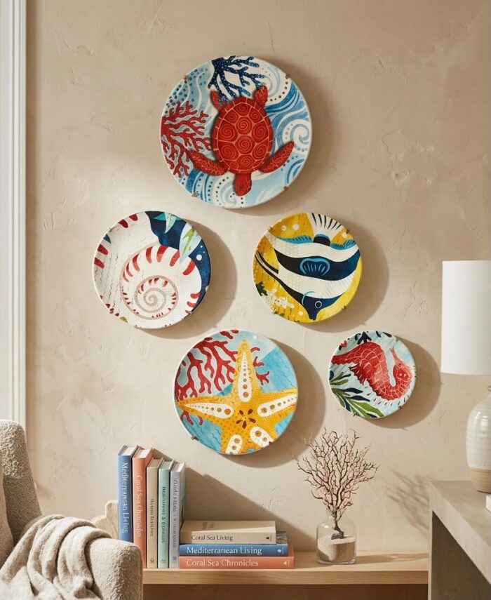 Set of 5 Handmade Wooden Wall Plates | Ocean Treasures Hand-Painted Wooden Wall Plates| Nautical Wooden Wall Art (Copy) - Image 1