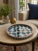 Handcrafted Blue and White Floral Mother of Pearl Round Serving Tray