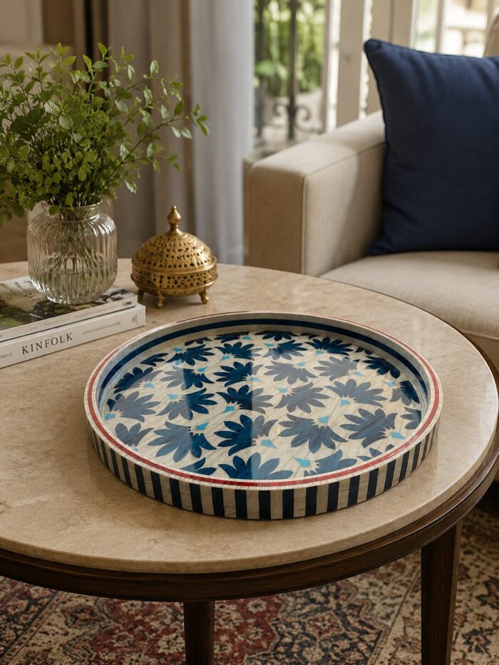 Handcrafted Blue and White Floral Mother of Pearl Round Serving Tray - Image 1