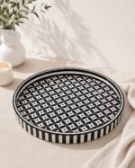 Geometric Pattern Mother of Pearl Wooden Serving Tray – Black & White | 45 cm