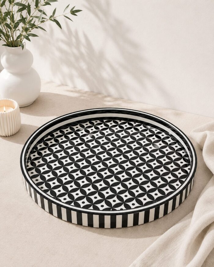Geometric Pattern Mother of Pearl Wooden Serving Tray – Black & White | 45 cm - Image 1