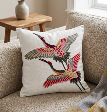 Embroidered Hummingbird Decorative Throw Pillow  | Handmade Bird Cushion | Boho Home Decor