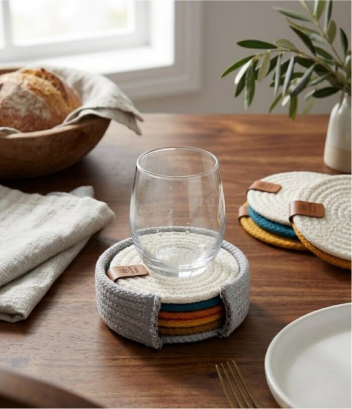 Premium Cotton Rope multicolor Coasters Set – Durable Eco-Friendly and Stylish Drink Protectors for Home and Office Set of 6 with Unique Leather Branding - Image 1