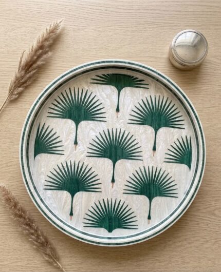 Handmade Mother of Pearl Round Tray – Green Palm Pattern | 45 cm