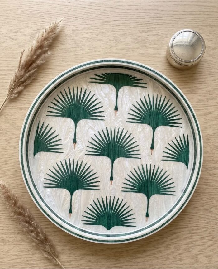 Handmade Mother of Pearl Round Tray – Green Palm Pattern | 45 cm - Image 1