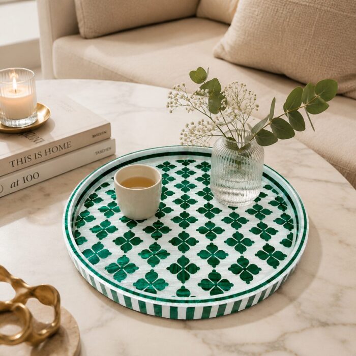 Emerald Clover Round Serving Tray – Handmade Mother of Pearl Inlay - Image 2