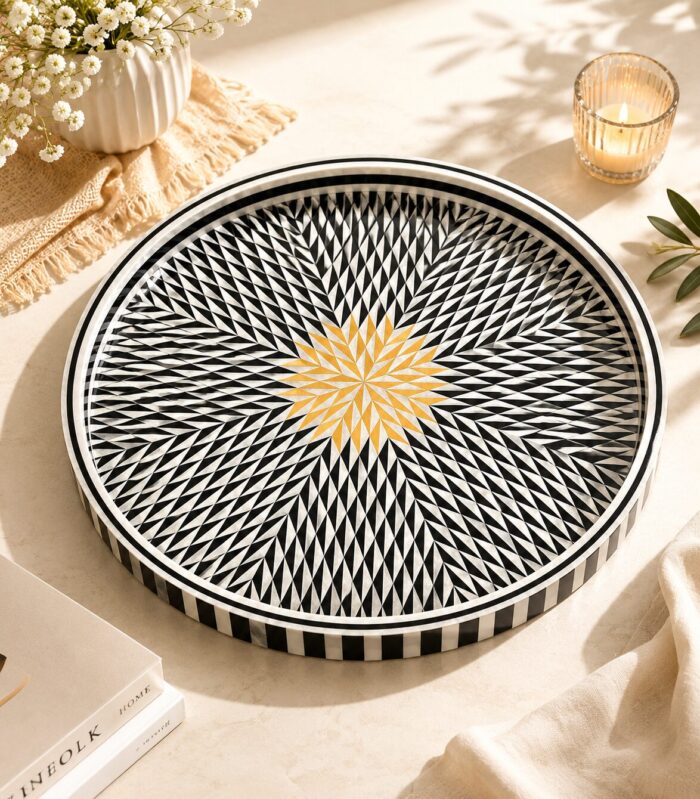 Handcrafted Black & White Mother of Pearl Round Serving Tray - Image 1