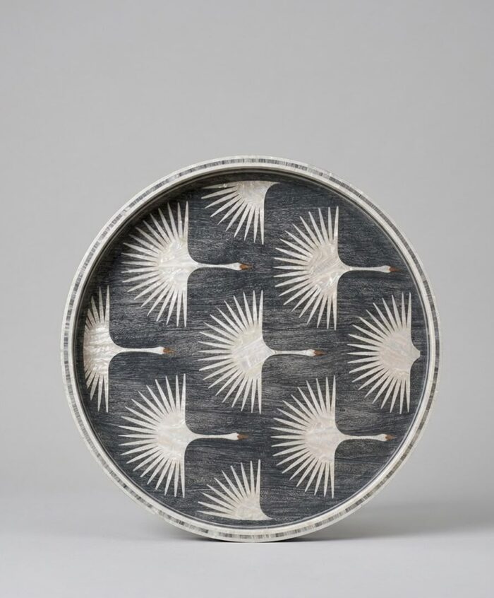Handmade Mother of Pearl  Gray Round Serving Tray – White Crane Design | 45 cm - Image 2