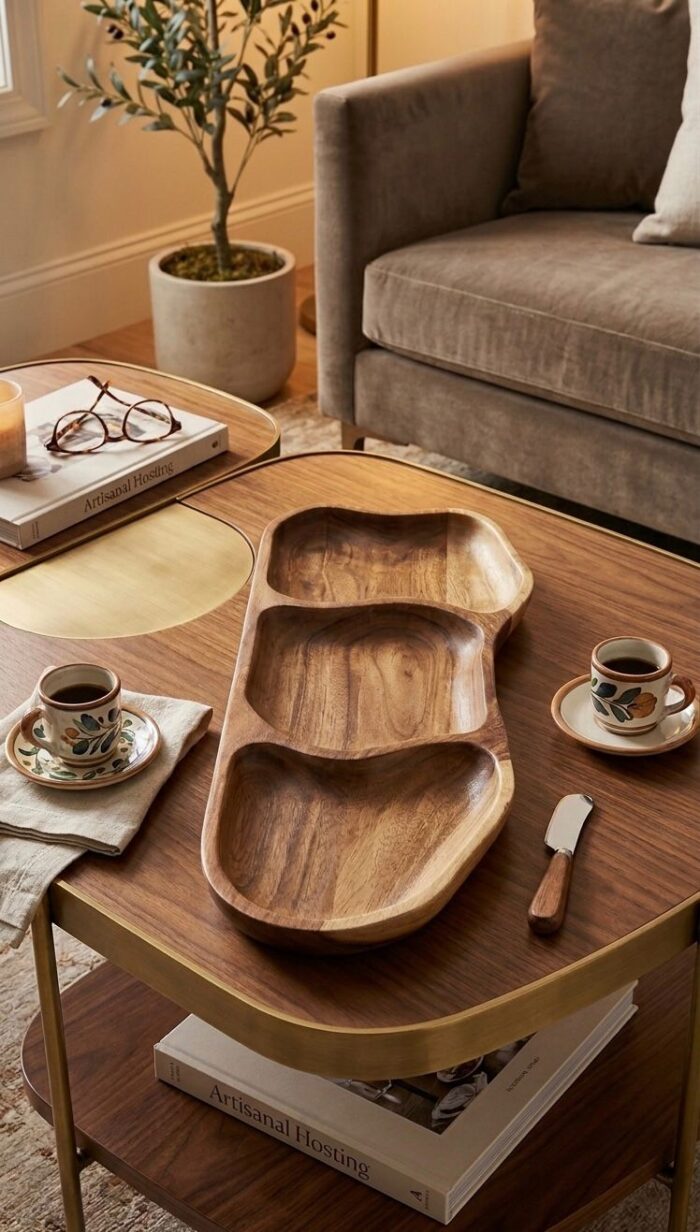 Natural Live Edge Wooden Serving Tray - 3-Compartment Handcrafted Snack Platter - Image 8