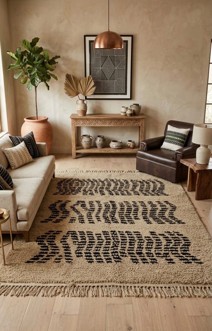 Handmade Moroccan-Inspired Optical Kilim Rug – Ivory & Black - Image 3