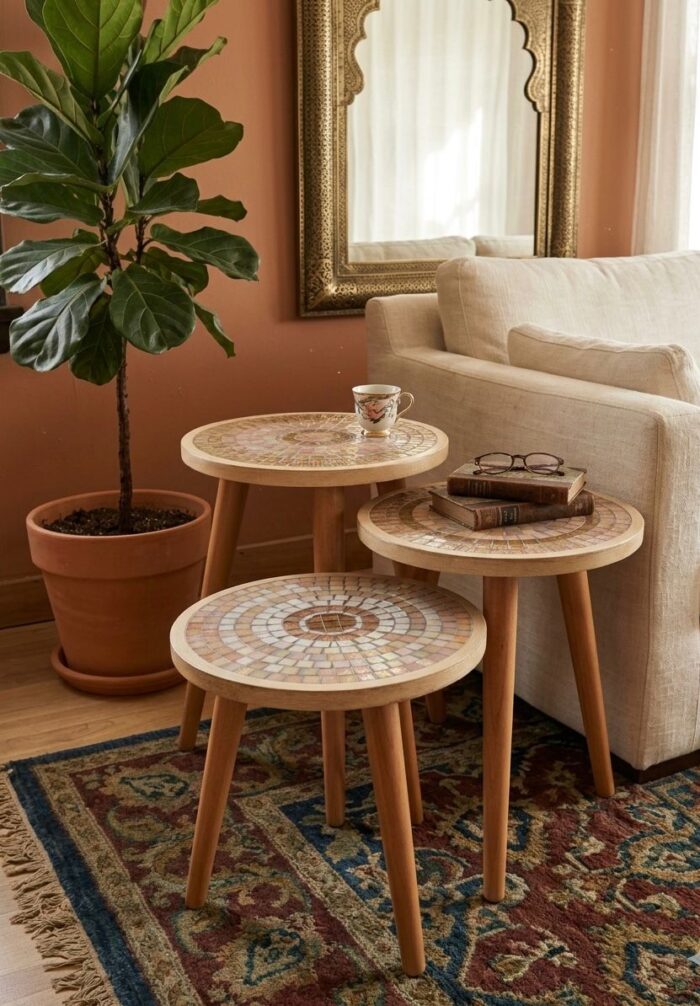 Handmade Mother-of-Pearl Mosaic Nesting Side Tables – Set of 3 - Image 1