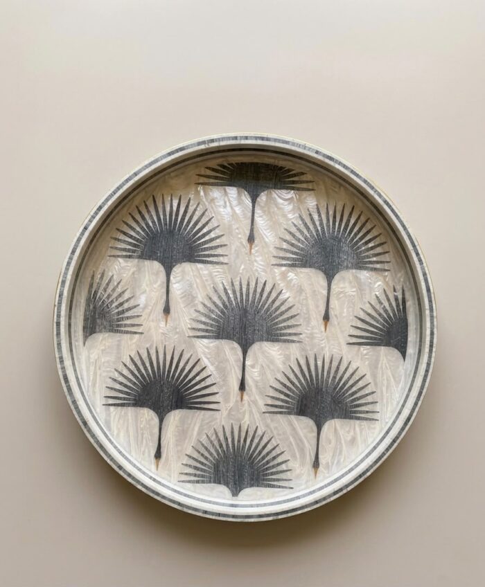 Handmade Mother of Pearl  Gray Round Serving Tray – White Crane Design | 45 cm - Image 3