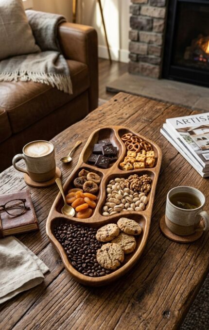 Natural Live Edge Wooden Serving Tray - 5 Compartment Handcrafted Snack Platter
