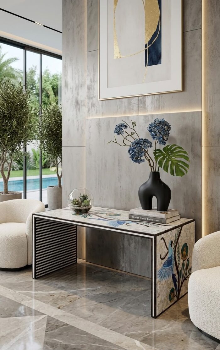 Luxury Mother-of-Pearl Floral Console Table – Handcrafted Wooden Statement Piece - Image 1