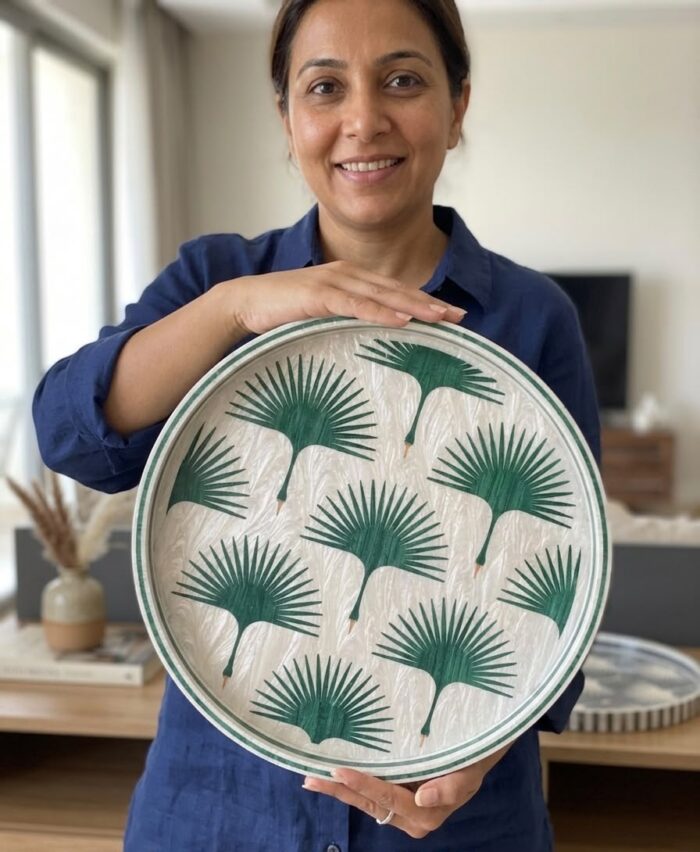 Handmade Mother of Pearl Round Tray – Green Palm Pattern | 45 cm - Image 2