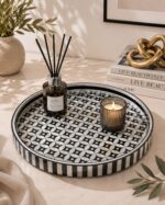 Handcrafted Silver & Black Geometric Tray – Luxury Round Decorative Serving Tray| 45 CM - Image 2