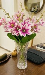 Artificial Pink Magnolia Flower Arrangement in Crystal Glass Vase - Image 2