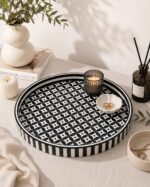 Geometric Pattern Mother of Pearl Wooden Serving Tray – Black & White | 45 cm - Image 3