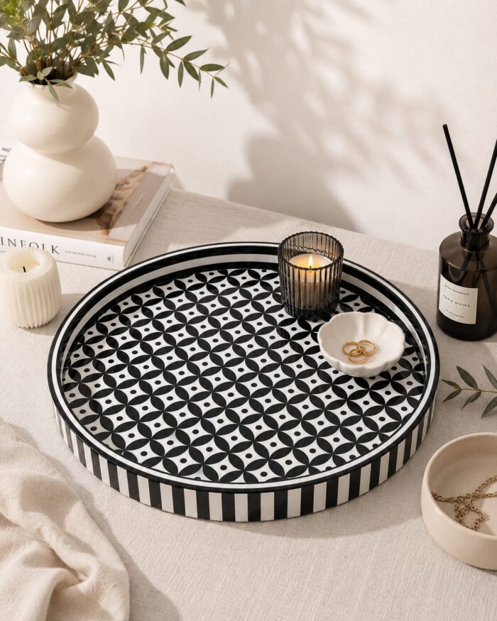 Geometric Pattern Mother of Pearl Wooden Serving Tray – Black & White | 45 cm - Image 3