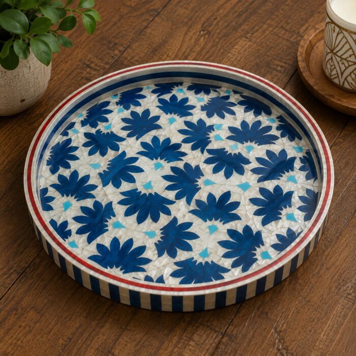 Handcrafted Blue and White Floral Mother of Pearl Round Serving Tray - Image 2