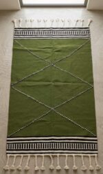 Handwoven Olive Green Kilim Rug – Modern Boho Geometric Wool Rug with Braided Tassels - Image 3