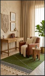 Handwoven Olive Green Kilim Rug – Modern Boho Geometric Wool Rug with Braided Tassels