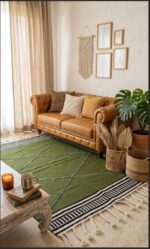 Handwoven Olive Green Kilim Rug – Modern Boho Geometric Wool Rug with Braided Tassels - Image 2