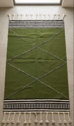 Handwoven Olive Green Kilim Rug – Modern Boho Geometric Wool Rug with Braided Tassels - Image 3