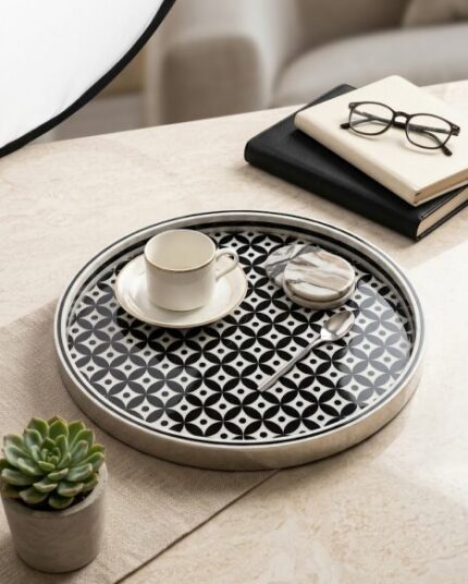 Geometric Pattern Mother of Pearl Wooden Serving Tray – Black & White | 45 cm