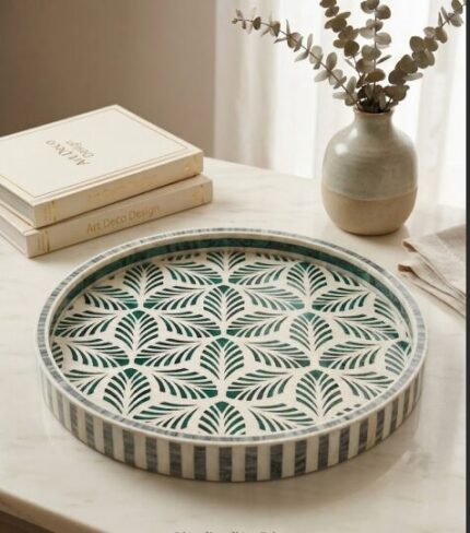 Handmade Mother of Pearl Round Tray – Emerald Palm Pattern | 45 cm