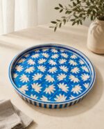 Handcrafted Blue Floral Mother of Pearl Round Serving Tray