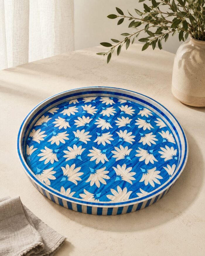 Handcrafted Blue Floral Mother of Pearl Round Serving Tray - Image 1