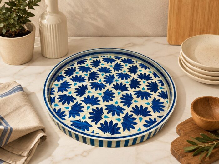 Handcrafted Blue Floral Mosaic Serving Tray-45 CM - Image 1