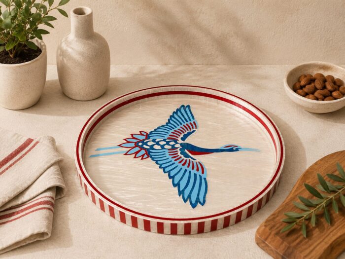 Handcrafted Blue Crane Decorative Serving Tray-45 CM - Image 1