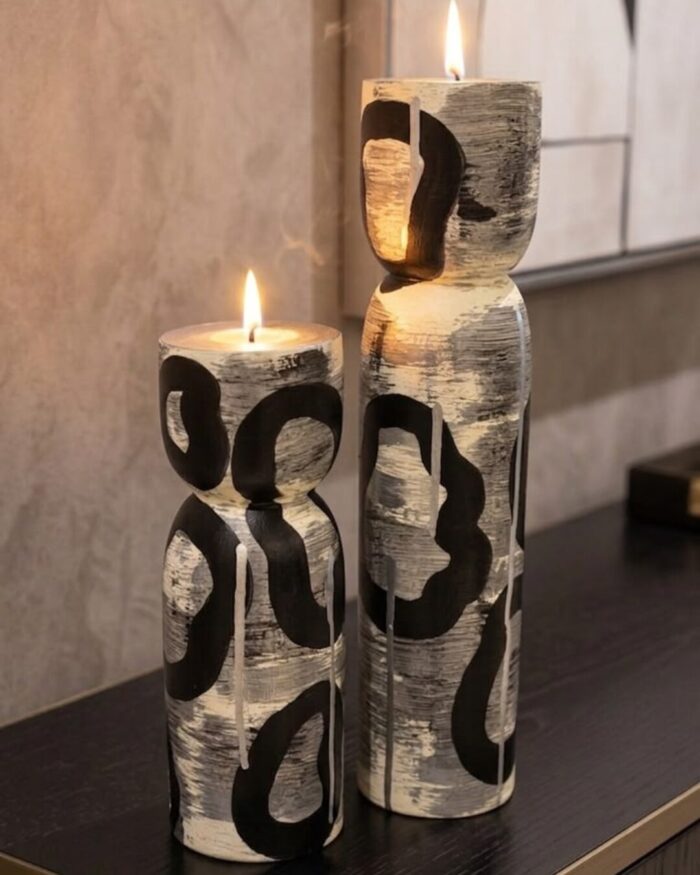 Hand-Painted Abstract Wooden Tea Light Holder Set ( set of 2) - Image 4