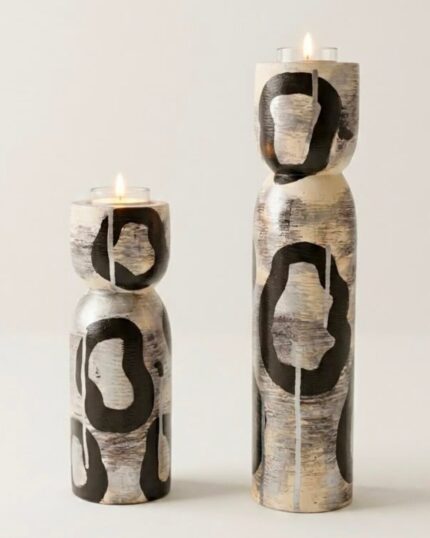 Hand-Painted Abstract Wooden Tea Light Holder Set ( set of 2)