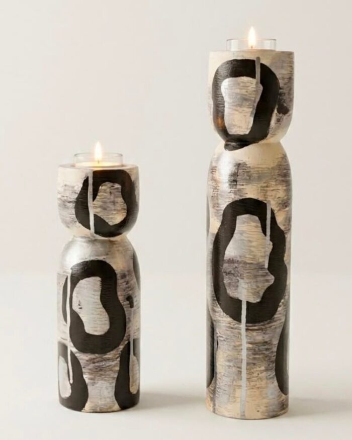 Hand-Painted Abstract Wooden Tea Light Holder Set ( set of 2) - Image 1