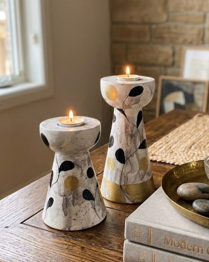 Artistic Botanical Handcrafted Wooden Candle Holder (set of 2) - Image 1