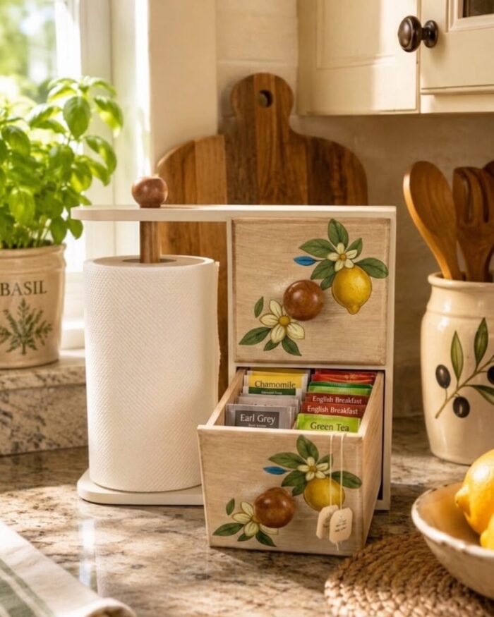 Lemon Blossom Rustic Countertop Organizer& Tea Station - Image 2
