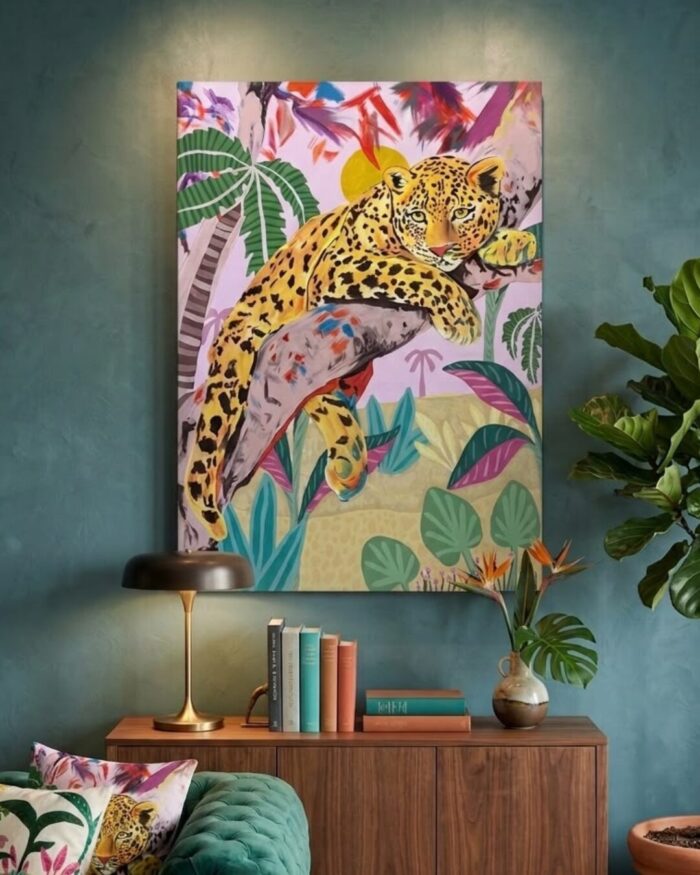 Hand-Painted Leopard in the Blush Canopy art work - Image 2