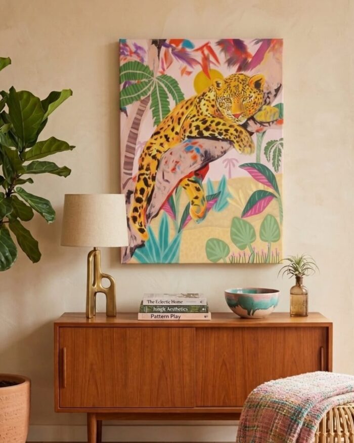 Hand-Painted Leopard in the Blush Canopy art work - Image 4