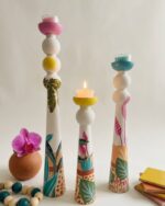 The Botanica Hand-Painted Wooden candle Holders ( set of 3)